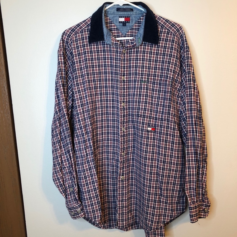 VTG Tommy Jeans Mens Plaid Button Down Corduroy